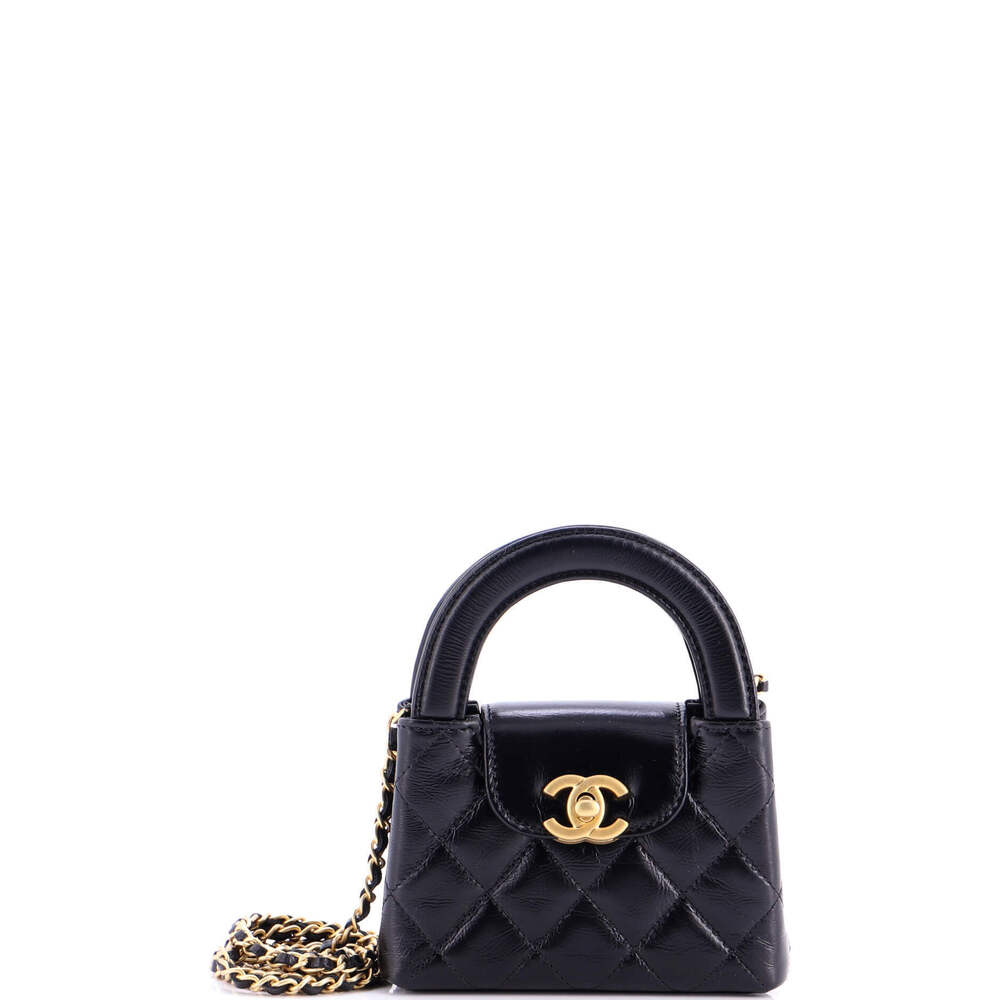 Chanel Nano Kelly Top Handle Shopping Bag Quilted Shiny Aged Calfskin